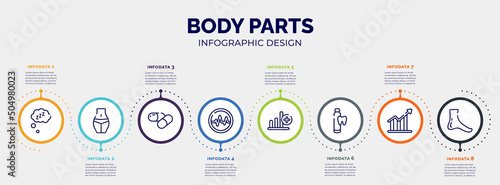 infographic for body parts concept. vector infographic template with icons and 8 option or steps. included zzz sleep, female hips and waist, medicine capsule, lifeline of heartbeat in a circle, bar