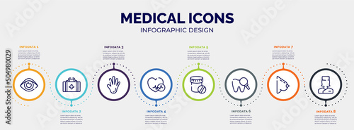infographic for medical icons concept. vector infographic template with icons and 8 option or steps. included human eye shape, first aid kit bag, hand showing palm, heart black shape, dentist drugs
