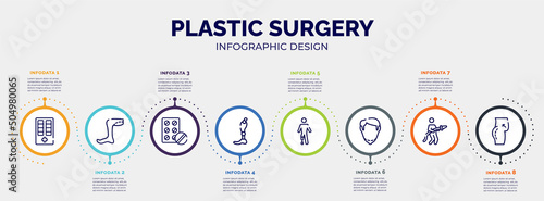 infographic for plastic surgery concept. vector infographic template with icons and 8 option or steps. included medicine cabinet, legs, antibiotic, prothesis, prosthetic, chin, fireman, butt