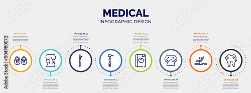 infographic for medical concept. vector infographic template with icons and 8 option or steps. included baby shoes, plastic surgery, pike pole, dental drill, baby book, boobs, stretch, orthodontic