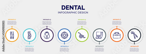 infographic for dental concept. vector infographic template with icons and 8 option or steps. included dental hook, orthopedics, baby bib, life saver, handicap, ultrasonography, organ container,