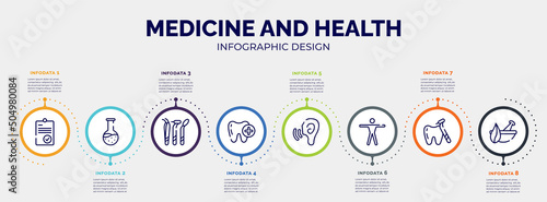 infographic for medicine and health concept. vector infographic template with icons and 8 option or steps. included positive verified, test tube and flask, dentist tools, tooth with a plus, ear
