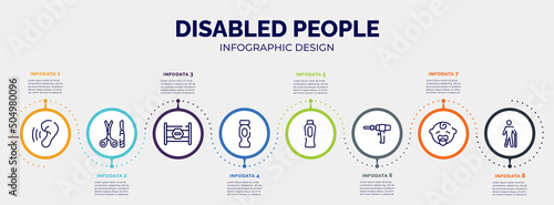 infographic for disabled people concept. vector infographic template with icons and 8 option or steps. included hearing, tool surgeon, road block, hydratation, baby powder, medical drill, baby boy,