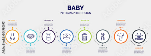 infographic for baby concept. vector infographic template with icons and 8 option or steps. included smelling, head mirror, vial, doctor cap, sight check table, tooth pliers, patient robe, baby