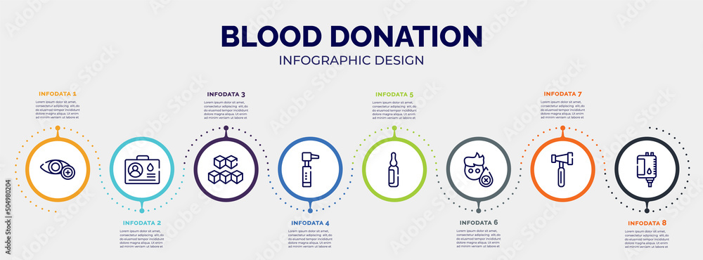 infographic for blood donation concept. vector infographic template with icons and 8 option or steps. included ophthalmology, blood donor card, sugar cube, otoscope, ampoule, sleep deprivation, infographic for blood donation concept. vector infographic template with icons and 8 option or steps. included ophthalmology, blood donor card, sugar cube, otoscope, ampoule, sleep deprivation,