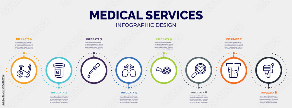 infographic for medical services concept. vector infographic template with icons and 8 option or steps. included stationary bike, antidepressants, ear dropper, conflict, medical tape, health check, infographic for medical services concept. vector infographic template with icons and 8 option or steps. included stationary bike, antidepressants, ear dropper, conflict, medical tape, health check,