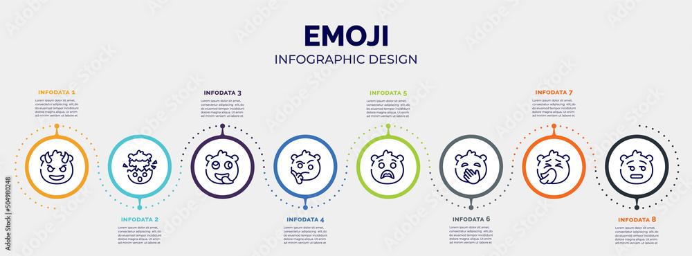 infographic for emoji concept. vector infographic template with icons and 8 option or steps. included smiling with horns emoji, exploding head emoji, stupid wondering surprise hand over mouth infographic for emoji concept. vector infographic template with icons and 8 option or steps. included smiling with horns emoji, exploding head emoji, stupid wondering surprise hand over mouth