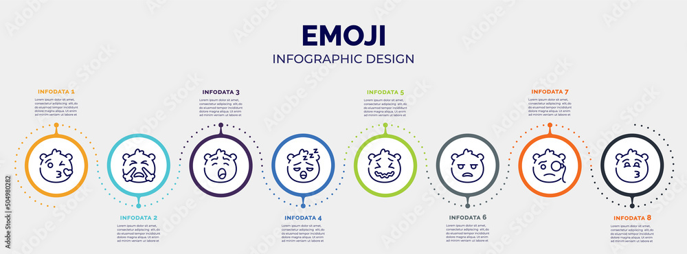 infographic for emoji concept. vector infographic template with icons and 8 option or steps. included love emoji, emoji with steam from e, yawning sleeping stress bored monocle kissing with smiling infographic for emoji concept. vector infographic template with icons and 8 option or steps. included love emoji, emoji with steam from e, yawning sleeping stress bored monocle kissing with smiling