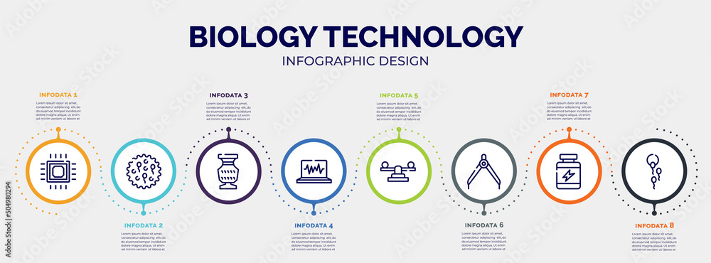 Naklejka premium infographic for biology technology concept. vector infographic template with icons and 8 option or steps. included microprocessor, ovule, antique, electrocardiogram, balancer, divider, protein