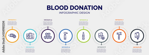 infographic for blood donation concept. vector infographic template with icons and 8 option or steps. included ophthalmology, blood donor card, sugar cube, otoscope, ampoule, sleep deprivation,