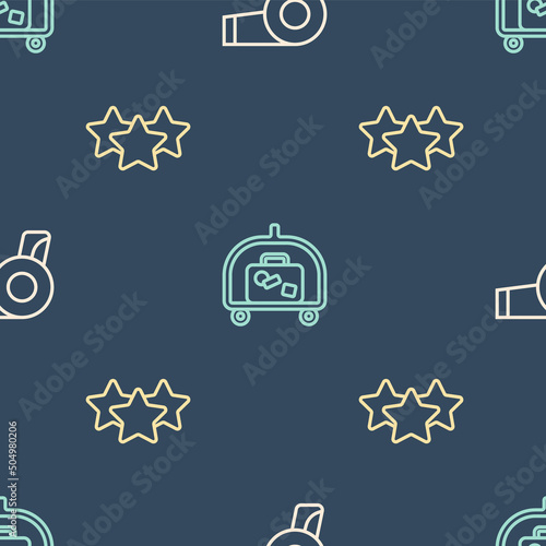 Set line Hair dryer, Stars rating and Hotel luggage cart on seamless pattern. Vector