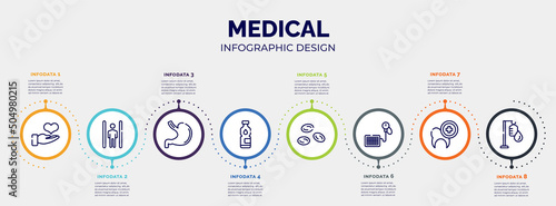 infographic for medical concept. vector infographic template with icons and 8 option or steps. included donator, inversion therapy, stoh, mineral water, blood cells, tensiometer, dental care,