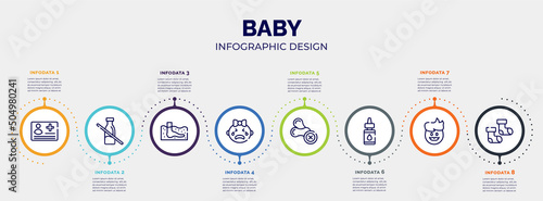 infographic for baby concept. vector infographic template with icons and 8 option or steps. included medical card, lactose intolerant, thalassotherapy, crying, allergenic, essential oils, dad, baby