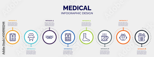 infographic for medical concept. vector infographic template with icons and 8 option or steps. included medical prescription, dental crown, medical mask, examination, urticaria, herbal tea, baby