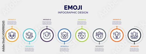 infographic for emoji concept. vector infographic template with icons and 8 option or steps. included dizzy emoji, liar emoji, downcast with sweat cool sweating with head-bandage surprised shocked