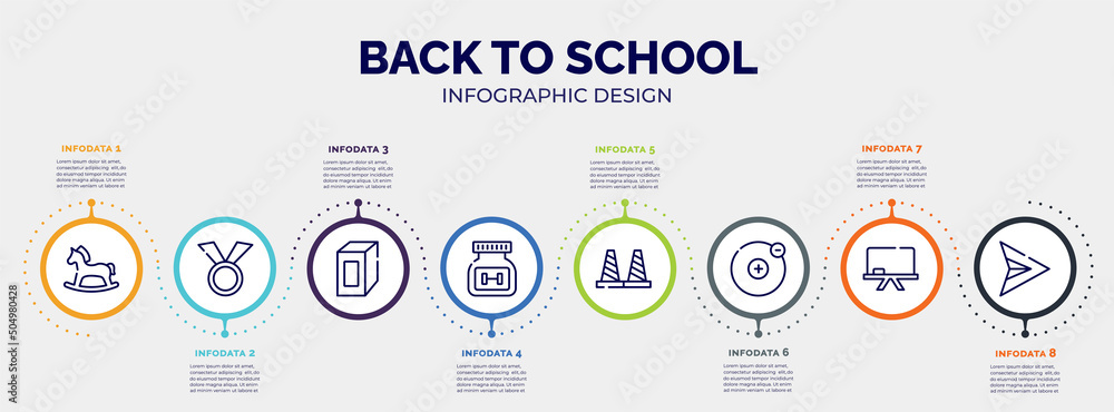 infographic for back to school concept. vector infographic template with icons and 8 option or steps. included hobby horse, medals, juice box, supplement, bollards, electron, chalkboard, paper infographic for back to school concept. vector infographic template with icons and 8 option or steps. included hobby horse, medals, juice box, supplement, bollards, electron, chalkboard, paper