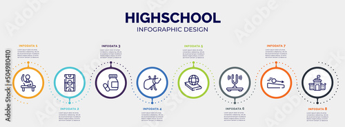 infographic for highschool concept. vector infographic template with icons and 8 option or steps. included raising hand, basketball court, medicines, liver, politics, tuning fork, acceleration, high