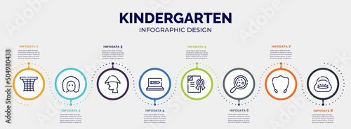 infographic for kindergarten concept. vector infographic template with icons and 8 option or steps. included basketball gear, newton, sherlock holmes, online education, grade, microorganism, jump