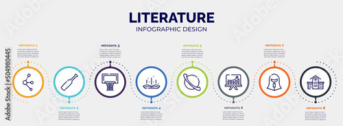 infographic for literature concept. vector infographic template with icons and 8 option or steps. included molecules, baseball bat, basketball equipment, tale, saturn, pitch, spartan, kindergarten