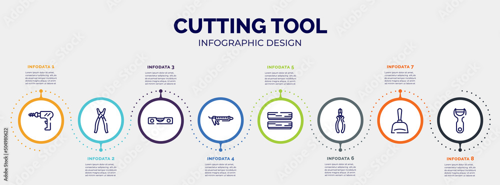 infographic for cutting tool concept. vector infographic template with icons and 8 option or steps. included perforator, open pliers, level gauge, sealant, boards, nippers, dustpan, peeler editable infographic for cutting tool concept. vector infographic template with icons and 8 option or steps. included perforator, open pliers, level gauge, sealant, boards, nippers, dustpan, peeler editable