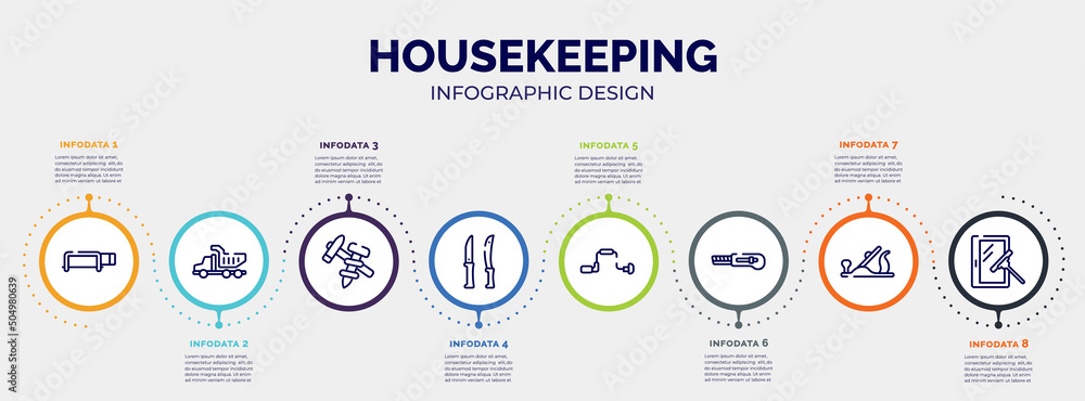 infographic for housekeeping concept. vector infographic template with icons and 8 option or steps. included hacksaw with handle, tipper truck, construction tools, knives, brace, null, plane infographic for housekeeping concept. vector infographic template with icons and 8 option or steps. included hacksaw with handle, tipper truck, construction tools, knives, brace, null, plane