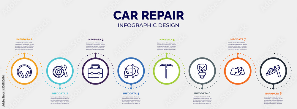 infographic for car repair concept. vector infographic template with icons and 8 option or steps. included ear protection, tyre, lunchbox, car service, gardening digger, ecologic light bulb, infographic for car repair concept. vector infographic template with icons and 8 option or steps. included ear protection, tyre, lunchbox, car service, gardening digger, ecologic light bulb,