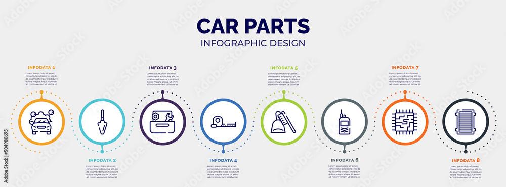 infographic for car parts concept. vector infographic template with icons and 8 option or steps. included car wash, garden palette, wrench and nut, open scale, dustpan and brush, portable radio, infographic for car parts concept. vector infographic template with icons and 8 option or steps. included car wash, garden palette, wrench and nut, open scale, dustpan and brush, portable radio,