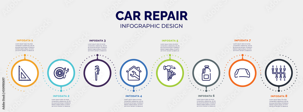 infographic for car repair concept. vector infographic template with icons and 8 option or steps. included null, winter tires, stillson wrench, house, hammer and nail, gallon oil, hood, gear stick infographic for car repair concept. vector infographic template with icons and 8 option or steps. included null, winter tires, stillson wrench, house, hammer and nail, gallon oil, hood, gear stick