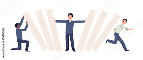 Office worker characters and domino falling effect flat style