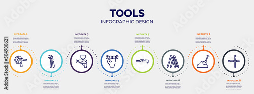 infographic for tools concept. vector infographic template with icons and 8 option or steps. included grinder hine, forceps, spray gun, labor day, stationery knife, ladder open, sand, wheelbrace