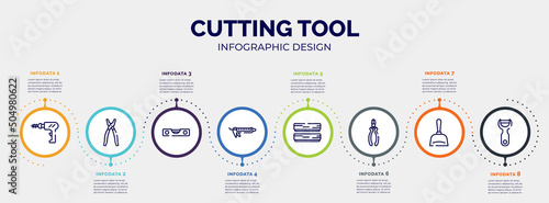 infographic for cutting tool concept. vector infographic template with icons and 8 option or steps. included perforator, open pliers, level gauge, sealant, boards, nippers, dustpan, peeler editable