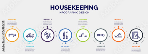 infographic for housekeeping concept. vector infographic template with icons and 8 option or steps. included hacksaw with handle, tipper truck, construction tools, knives, brace, null, plane