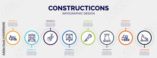 infographic for constructicons concept. vector infographic template with icons and 8 option or steps. included excavator hine arm, derrick with box, light spot, vent, screw hand drawn tool, road