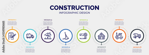 infographic for construction concept. vector infographic template with icons and 8 option or steps. included pencil on paper sheet, truck with freight, painting home, sweeping broom, road barrier,