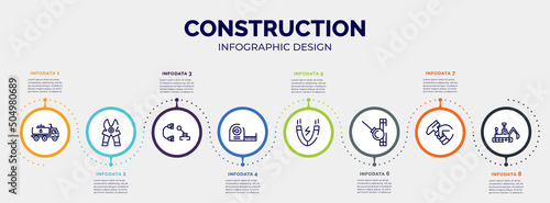 infographic for construction concept. vector infographic template with icons and 8 option or steps. included fuel truck, mower scissor, hinery parts, measuring tape, inclined magnet, demolishing