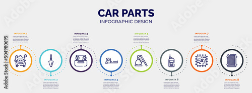infographic for car parts concept. vector infographic template with icons and 8 option or steps. included car wash, garden palette, wrench and nut, open scale, dustpan and brush, portable radio,