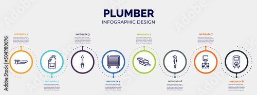 infographic for plumber concept. vector infographic template with icons and 8 option or steps. included carpenter saw, jerrycan, garage screwdriver, garage wrench, firewood trunks stacked,