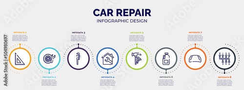 infographic for car repair concept. vector infographic template with icons and 8 option or steps. included null, winter tires, stillson wrench, house, hammer and nail, gallon oil, hood, gear stick