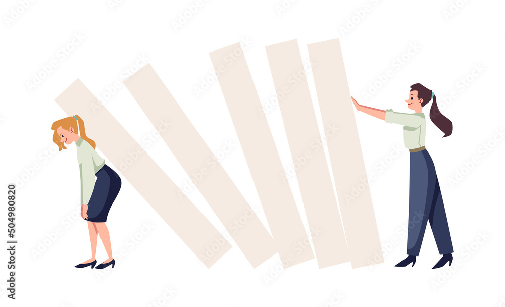 Fototapeta premium Business woman pushing dominoes on another woman, flat vector isolated.