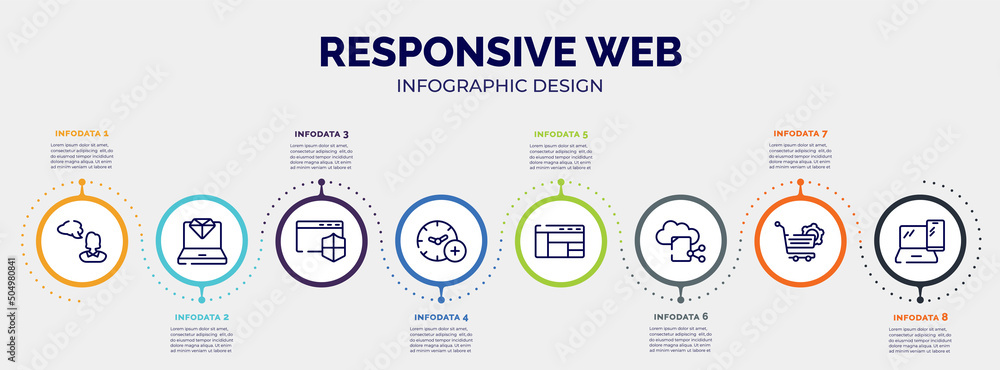 infographic for responsive web concept. vector infographic template with icons and 8 option or steps. included , laptop with diamond, window with security badge, add time, window sections, file infographic for responsive web concept. vector infographic template with icons and 8 option or steps. included , laptop with diamond, window with security badge, add time, window sections, file