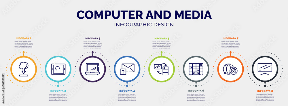 infographic for computer and media concept. vector infographic template with icons and 8 option or steps. included internet cloud download, touch screen, laptop opened tool, email upload, server infographic for computer and media concept. vector infographic template with icons and 8 option or steps. included internet cloud download, touch screen, laptop opened tool, email upload, server