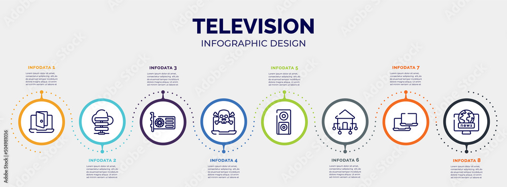 infographic for television concept. vector infographic template with icons and 8 option or steps. included backdoor, cloud server, gpu, attack, dvd player, domotics, laptops, world news editable