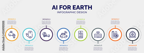 infographic for ai for earth concept. vector infographic template with icons and 8 option or steps. included safe driving, wireless mouse, woofers, autonomous car, computer server, wireless