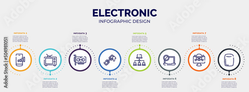 infographic for electronic concept. vector infographic template with icons and 8 option or steps. included mobile network, broadcasting, adapter, backlink, site map, ban, crime, homepod editable