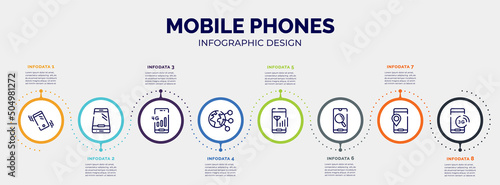 infographic for mobile phones concept. vector infographic template with icons and 8 option or steps. included phone on vibrational mode, phone in perspective, 4g phone connection, planet earth,