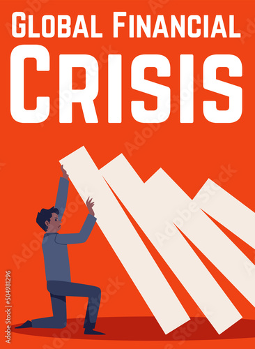 Businessman holding dominoes and preventing from falling, global financial crisis banner, flat vector illustration.