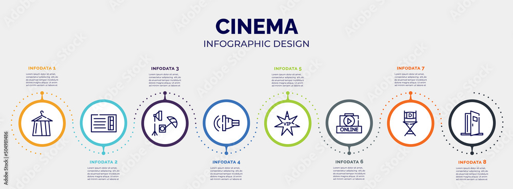 infographic for cinema concept. vector infographic template with icons and 8 option or steps. included dressing room, prompt box, studio, ventriloquist, vip person, online movie, film director, infographic for cinema concept. vector infographic template with icons and 8 option or steps. included dressing room, prompt box, studio, ventriloquist, vip person, online movie, film director,