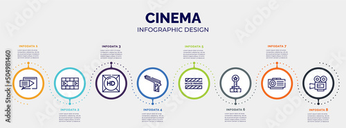 infographic for cinema concept. vector infographic template with icons and 8 option or steps. included subtitle, photograms, hd, hitman, premiere, film award, slide projector, movie film editable
