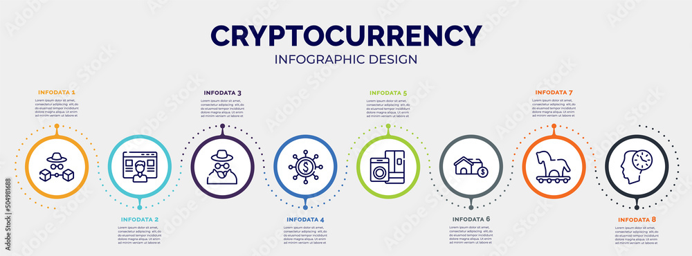 infographic for cryptocurrency concept. vector infographic template with icons and 8 option or steps. included bills, add to cart, peer to peer, proof of burn, paper shredder, piggybank, reduction,