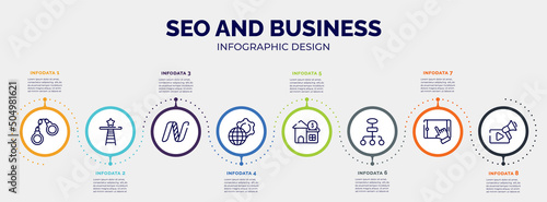 infographic for seo and business concept. vector infographic template with icons and 8 option or steps. included handcuffs, shortcut, nasdaq, official, reit, flow chart, touch screen, video